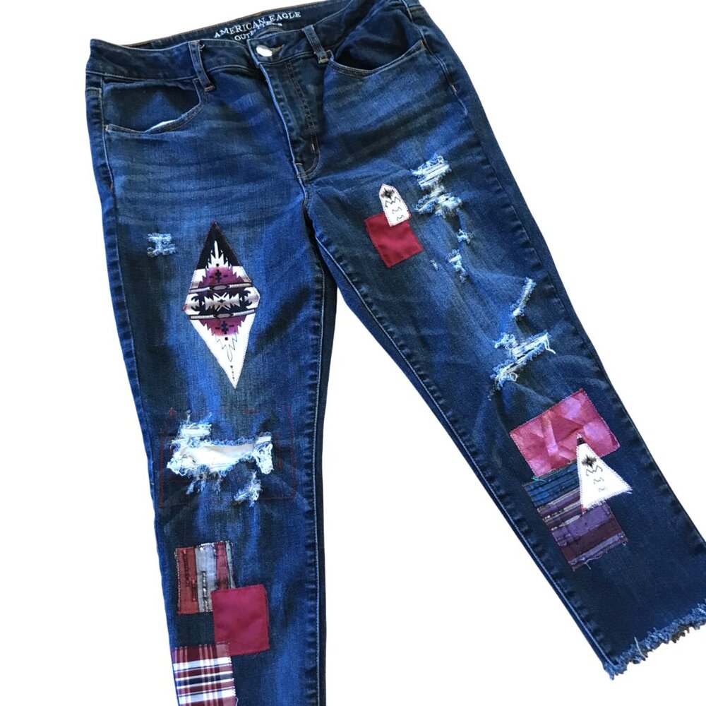 Upcycled Aztec Tribal Patchwork Jeans, Distressed Cropped Denim, Junior Size 12